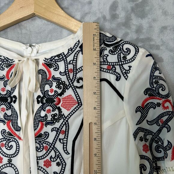Parker Mini Dress Womens Small Ivory Silk Embroidered Boho Bell Sleeve Keyhole - Picture 13 of 14